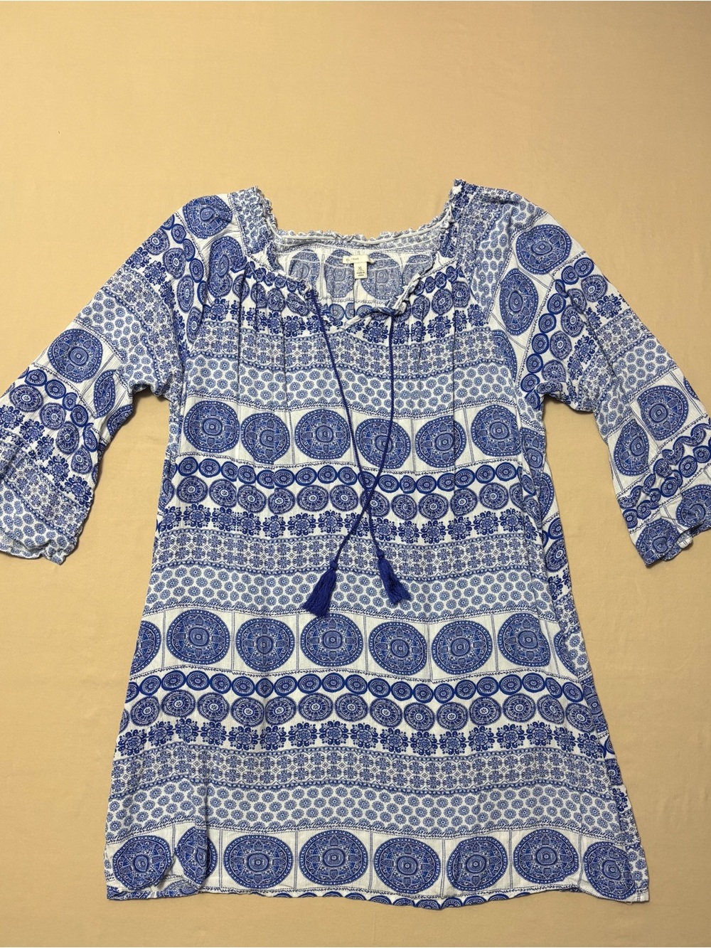 Charming Charlie Blue Patterned Peasant Tunic Cover Up with Tassel Tie Size XL
